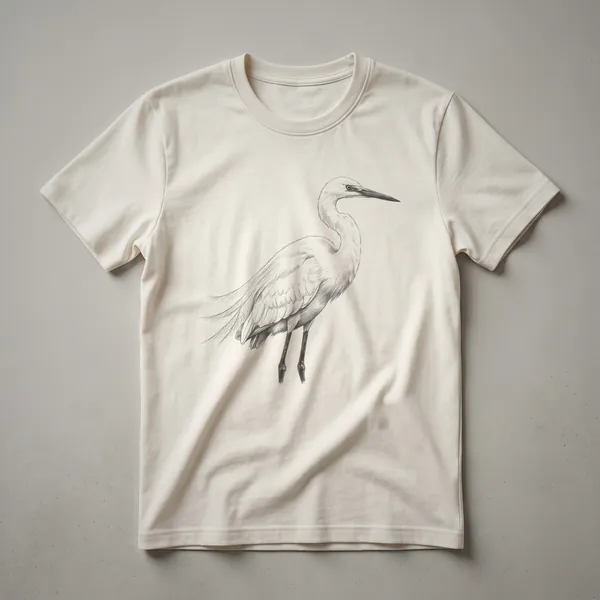 A vintage sketch of an egret in profile, rendered in black and white linework, printed on a plain t-shirt.