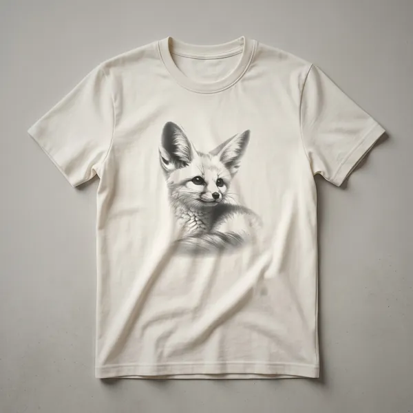 A vintage drawing of a fennec fox in profile, showcasing its large ears, on a white t-shirt.