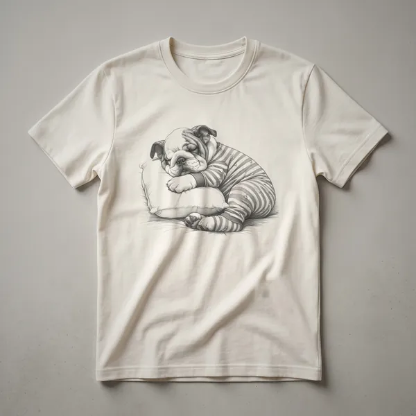 White t-shirt with a black line drawing of a sleeping English Bulldog wearing pajamas, including a nightcap and a patterned pajama set.