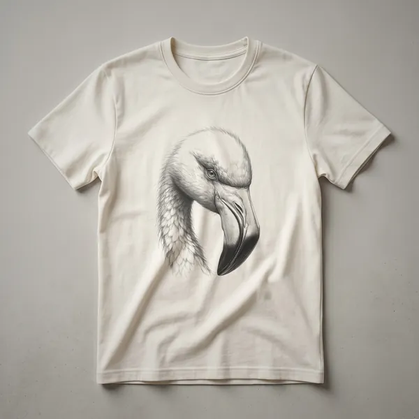 White t-shirt with a black line drawing of a flamingo's face, featuring its distinctive beak and eye.