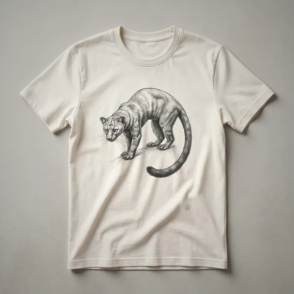 A vintage-style drawing of a fossa, a cat-like mammal native to Madagascar, printed on a plain t-shirt.