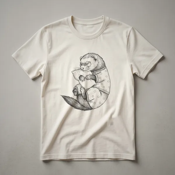 White t-shirt with a pencil sketch ferret curled in polka-dot pajamas hugging a small heart-shaped pillow, eyes closed and tail tucked in.