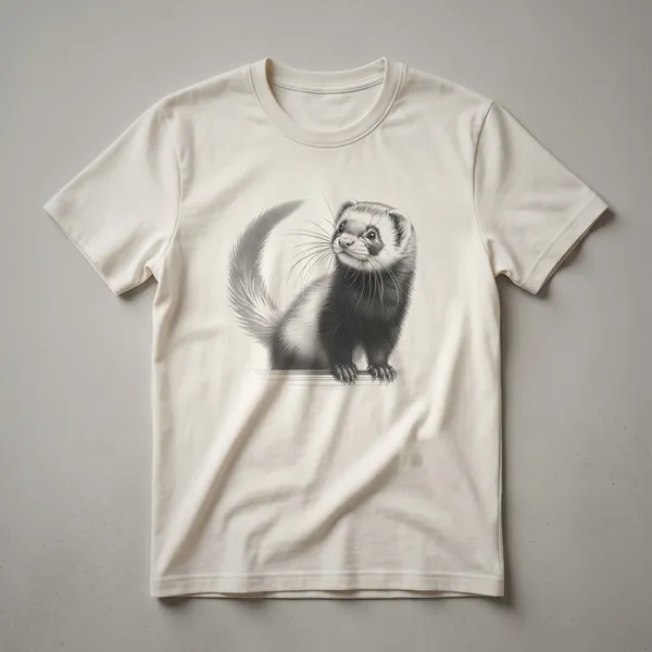 Black graphic t-shirt featuring a vintage black ink drawing of a ferret in profile, with subtle shading.