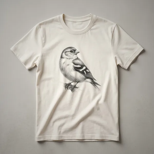 A vintage finch bird drawing graphic t-shirt in black ink on a white shirt, showing a finch perched on a branch.