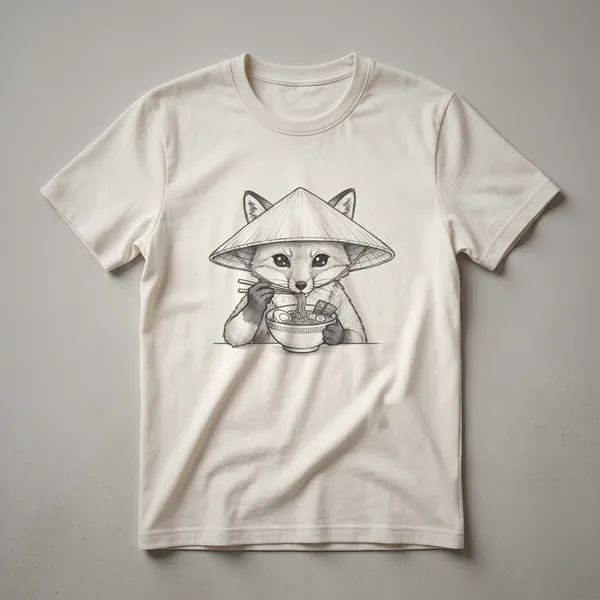 A graphic t-shirt featuring a drawing of a red fox with a bowl of ramen noodles, presented in a Japanese art style.