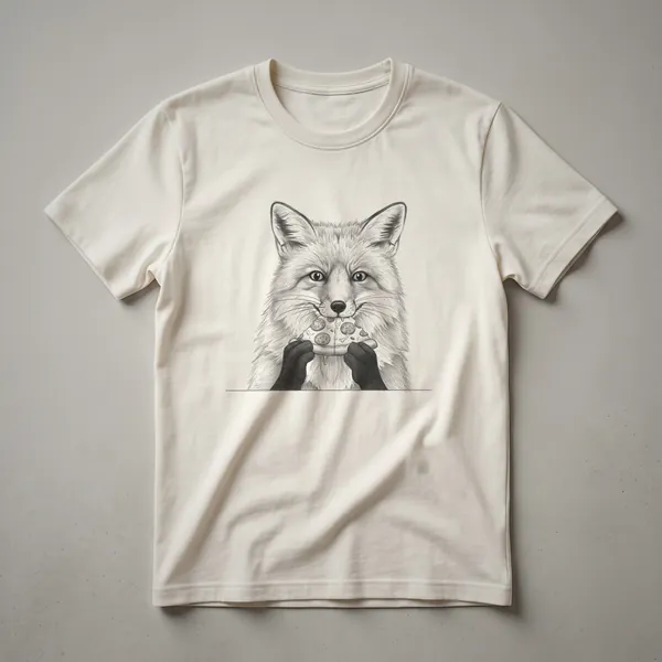 White graphic t-shirt featuring a drawing of a fox with its head inside a slice of pizza.