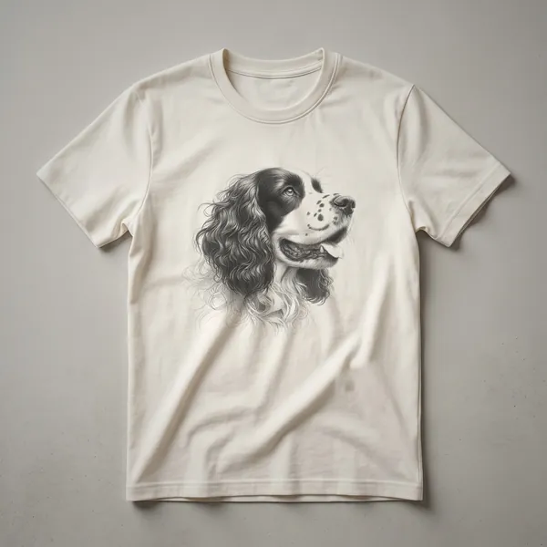 Black and white line drawing of an English Springer Spaniel in profile on a white t-shirt.