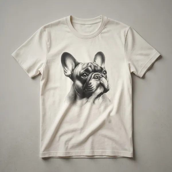 A vintage line drawing of a French Bulldog's head is printed on a white t-shirt.