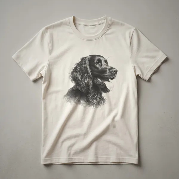 A black and white vintage line drawing of a Field Spaniel dog is printed on the front of a t-shirt.