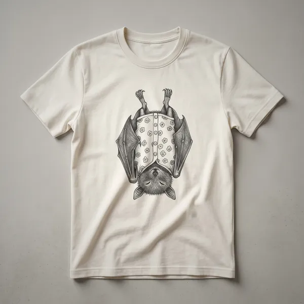 White line drawing of a sleeping fruit bat with a crescent moon and stars on a black t-shirt.