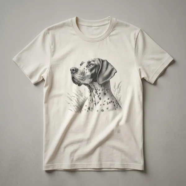 Black and white line art t-shirt featuring a vintage drawing of an English Pointer dog in profile, showcasing its elegant hunting stance.