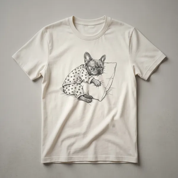 White graphic t-shirt featuring a drawing of a sleeping Frenchton dog wearing blue pajamas and a nightcap.