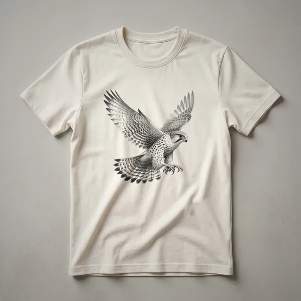 A vintage falcon drawing graphic t-shirt featuring a detailed line art illustration of a falcon in mid-flight.