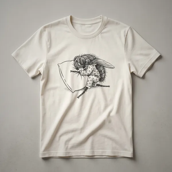 White graphic t-shirt featuring a minimalist black line drawing of a fly in a sleeping position, complete with closed eyes and a peaceful expression.