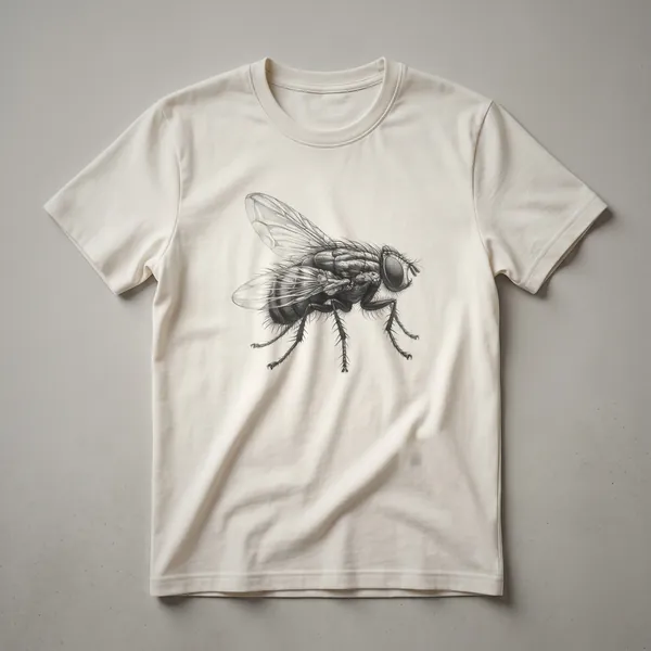 Black and white vintage fly insect drawing graphic t-shirt featuring detailed line art of a fly, suitable for nature lovers.