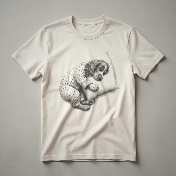 White graphic t-shirt featuring a black line drawing of a sleeping Field Spaniel dog wearing pajamas, with text above and below the drawing.