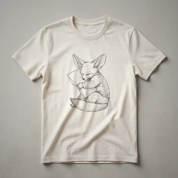 White graphic t-shirt with a drawing of a fennec fox wearing blue pajamas and sleeping, its large ears visible.