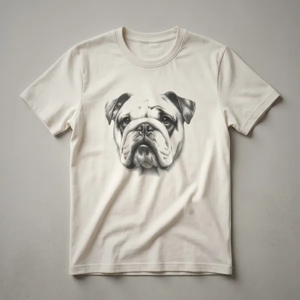 A vintage-style line drawing of an English Bulldog on a white t-shirt, showcasing its wrinkled face and sturdy build.