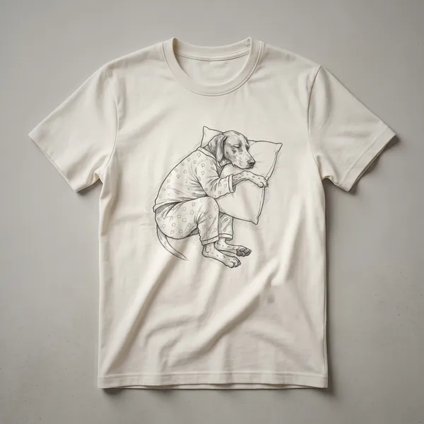 White graphic t-shirt featuring a black line drawing of a sleeping English Pointer dog wearing striped pajamas.