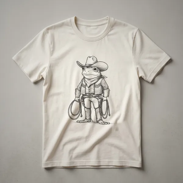 A graphic t-shirt featuring a vintage drawing of a frog wearing a cowboy hat and bandana, set against a plain background.