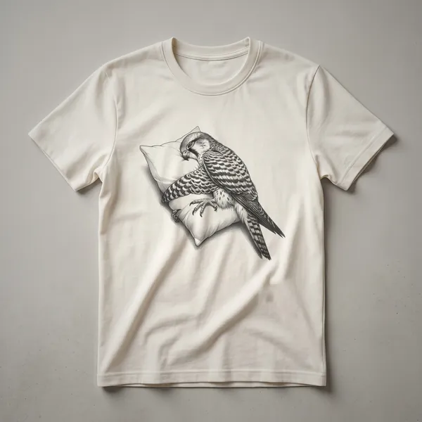 White graphic t-shirt featuring a drawing of a sleepy falcon wearing blue and white striped pajamas, with closed eyes and a relaxed expression.