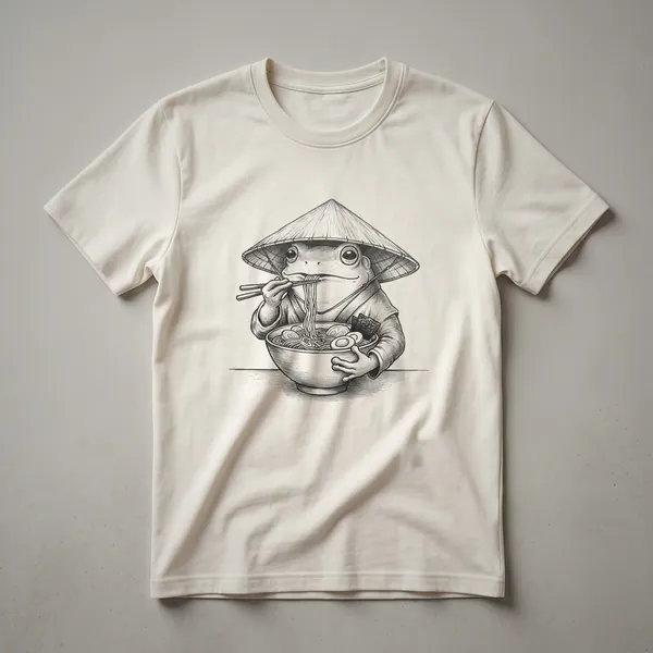 A vintage-style graphic t-shirt featuring a drawing of a green frog happily eating a bowl of ramen noodles with chopsticks.