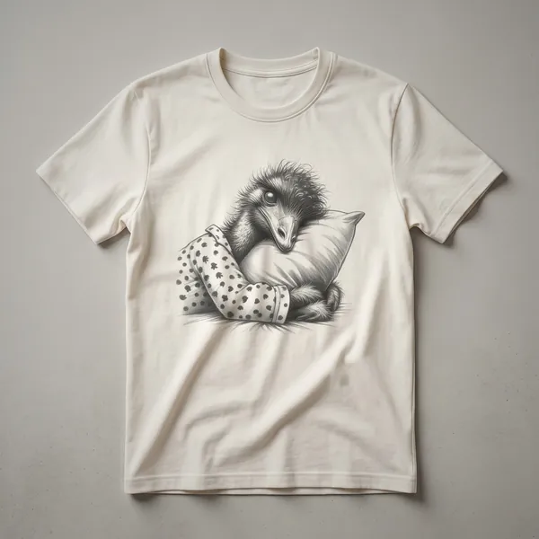 White graphic t-shirt featuring a drawing of a sleeping emu wearing pajamas, with a soft, artistic style.
