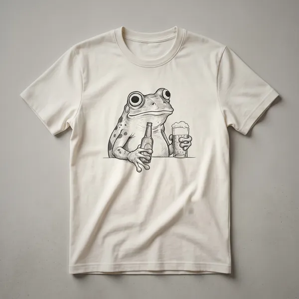 White graphic t-shirt featuring a cartoon frog sitting on a green lily pad, holding a beer mug with a frothy head, smiling.
