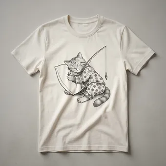 Funny Fishing Cat Sleeping Graphic T-Shirt for Cat Lovers