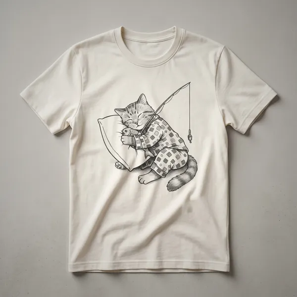 Black t-shirt with a graphic design of a cartoon cat wearing a fishing hat and holding a fishing rod while sleeping.