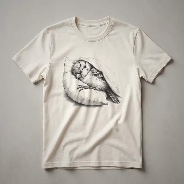 White graphic t-shirt with a black line drawing of a finch wearing striped pajamas and sleeping, with closed eyes and a peaceful expression.