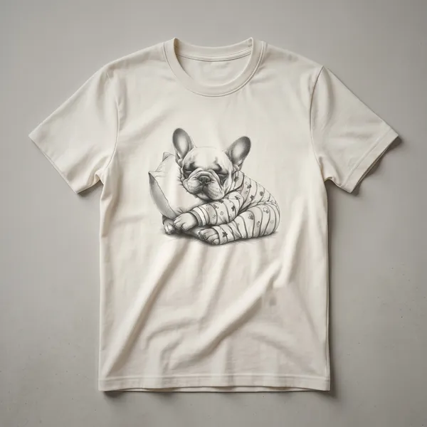 A white graphic t-shirt featuring a black line drawing of a French Bulldog wearing pajamas and sleeping peacefully.