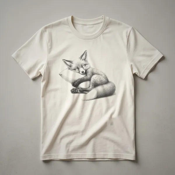 White graphic t-shirt featuring a drawing of a sleeping fox wearing blue striped pajamas, with its eyes closed and curled up.
