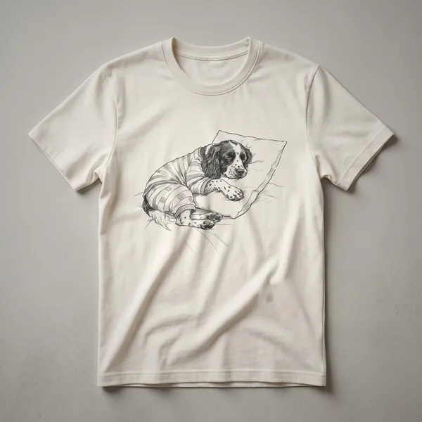 White t-shirt with a black line drawing of a sleeping English Springer Spaniel wearing pajamas.