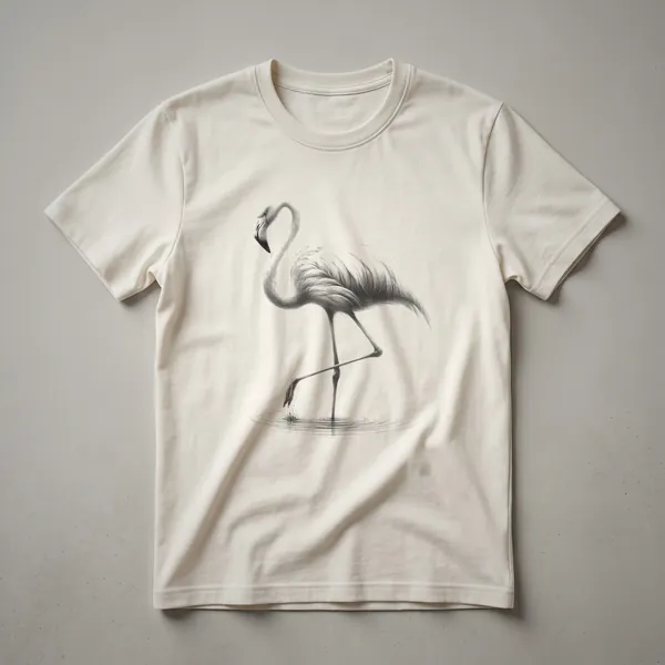 A white t-shirt featuring a black line drawing of a vintage flamingo in profile.