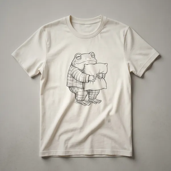 White graphic t-shirt featuring a black line drawing of a sleeping frog with a crescent moon and stars above, representing pajama art.