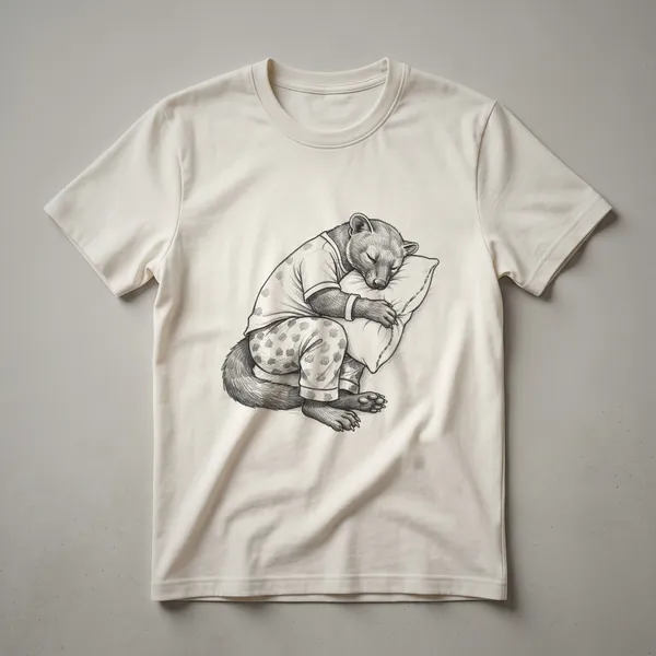 White graphic t-shirt featuring a black and white drawing of a fossa wearing blue striped pajamas and sleeping soundly, with the text 'Sleeping Pajama Fossa' above it.