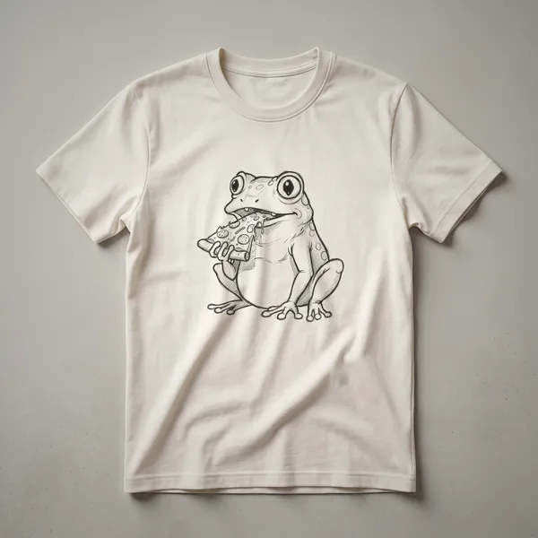 A vintage-style graphic t-shirt featuring a drawing of a green frog sitting and eating a slice of pizza, with a distressed texture.