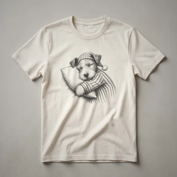 White graphic t-shirt featuring a black line drawing of a sleeping Fox Terrier dog wearing striped pajamas and a nightcap.