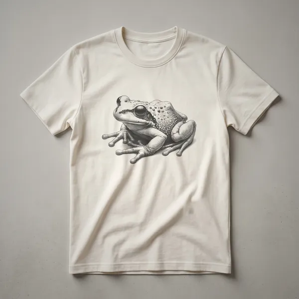 A vintage-style drawing of a frog on a black t-shirt, featuring detailed linework and a classic illustration aesthetic.