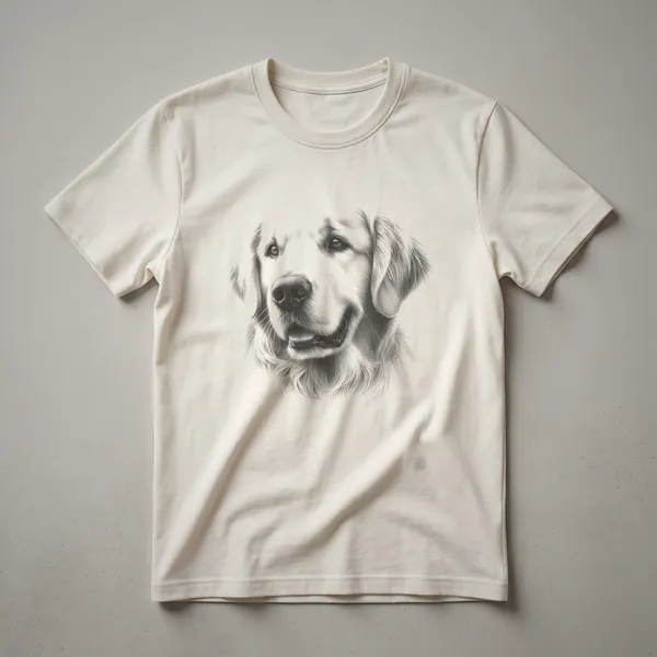 A vintage-style black line drawing of a Golden Retriever's head is printed on a white t-shirt.