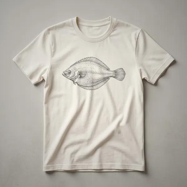 A vintage black and white line drawing of a fluke fish, also known as a flounder, centered on a white t-shirt.