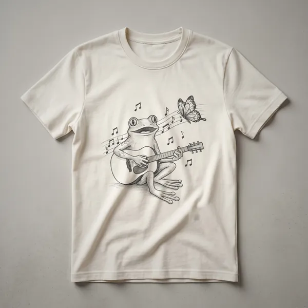 White graphic t-shirt featuring a vintage drawing of a green frog playing a guitar, with colorful butterflies fluttering around it.
