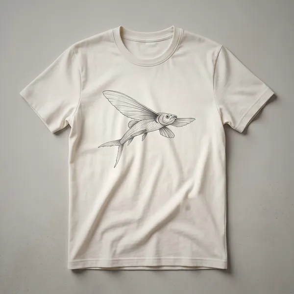 A vintage line drawing of a flying fish leaping from the water with its fins extended, printed on a white t-shirt.