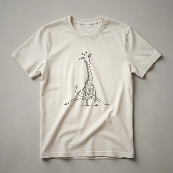 Black t-shirt with a drawing of a giraffe in a yoga pose, with the giraffe's neck and legs extended.