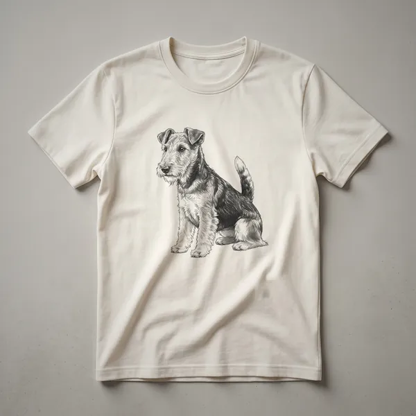 Black and white line drawing of a Fox Terrier dog on a white t-shirt, showcasing its alert expression and wiry coat detail.