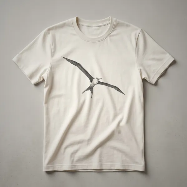 A black and white vintage line drawing of a frigatebird in flight, displayed on a white t-shirt.