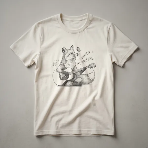 White graphic t-shirt featuring a drawing of a fox playing a guitar with colorful butterflies fluttering around it.