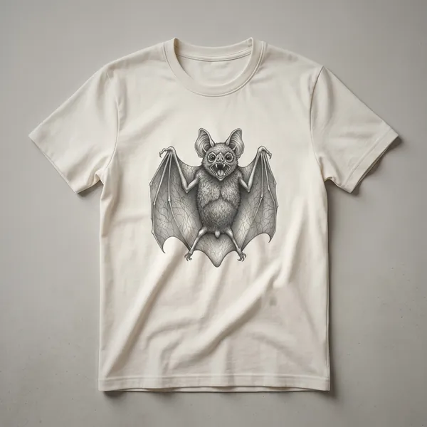 A black t-shirt featuring a vintage-style drawing of a fruit bat with detailed wings and facial features.