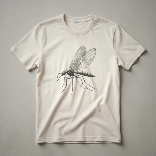 A vintage line drawing of a gnat on a black t-shirt, showcasing intricate details of the insect's body and wings.